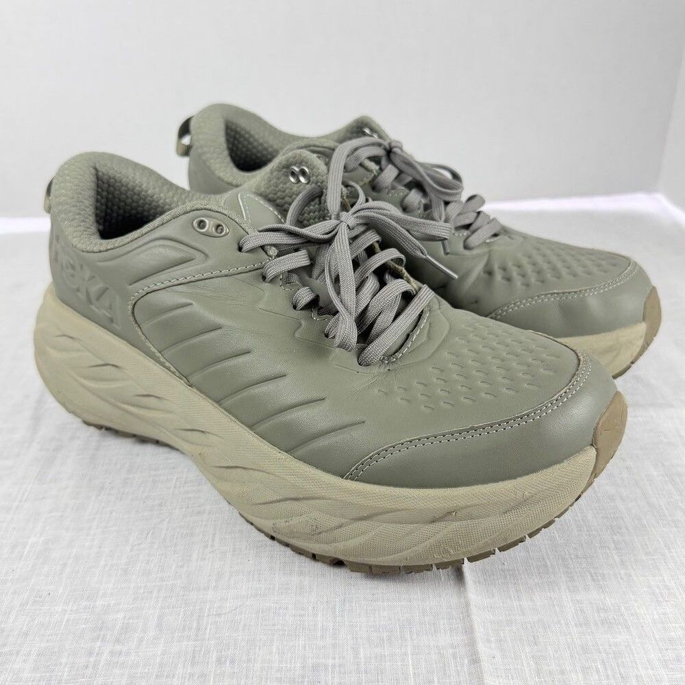 Hoka One One Bondi SR Olive Green Leather Slip Resistant Shoes Men 10.5 2E Wide